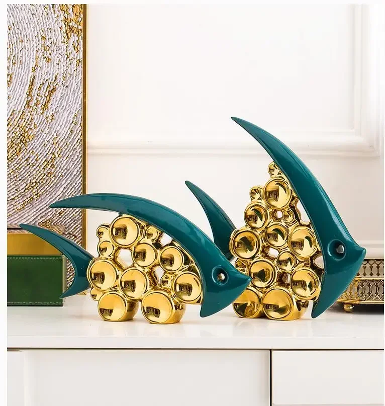 Accesorios de cerámica de pez burbuja verde dorado moderno, figuritas de escritorio para el hogar, sala de estar, decoración, mesa de centro, artesanías de muebles