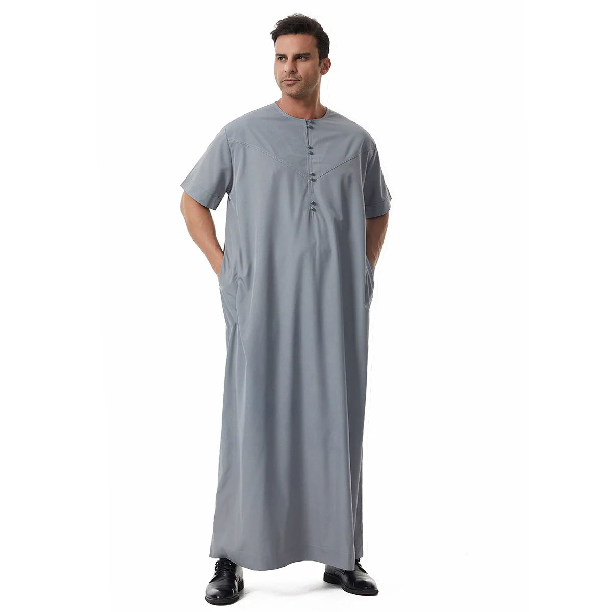 Uomini musulmani Jubba Thobe Pulsante tinta unita Kimono Abito centrale Camicia musulmana saudita Colletto alla coreana Caftano arabo islamico Uomo Abaya