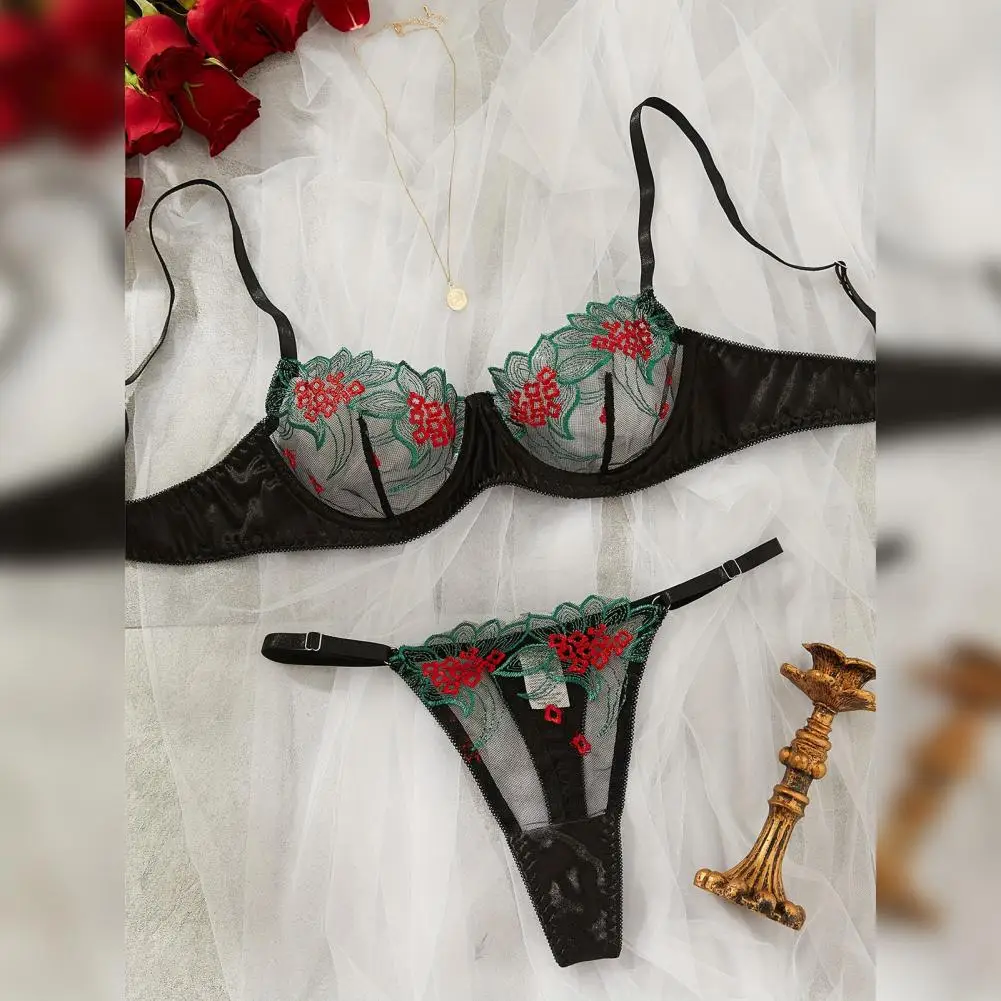 Hollow Out Bra Underpants Set Floral Embroidery Lace Underwear Set Adjustable Strap Contrast Color Back Closure 2 for Women image 3