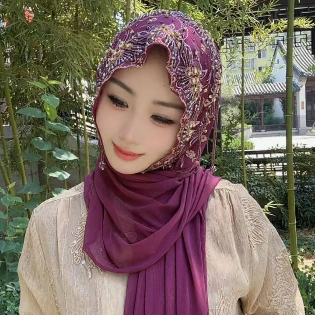 Muslim Malay Handmade Headscarf Turban Hat for Women, High-End Covering, New Pullover Style with Tassel Shawl and Long Scarf