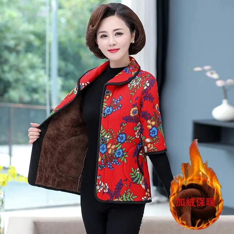 Middle-Aged Elderly Women's Vests Fall/Winter New Leisure Loose Add Velvet Warm Vest Lapels Half Sleeve Cotton Jacket Waistcoat