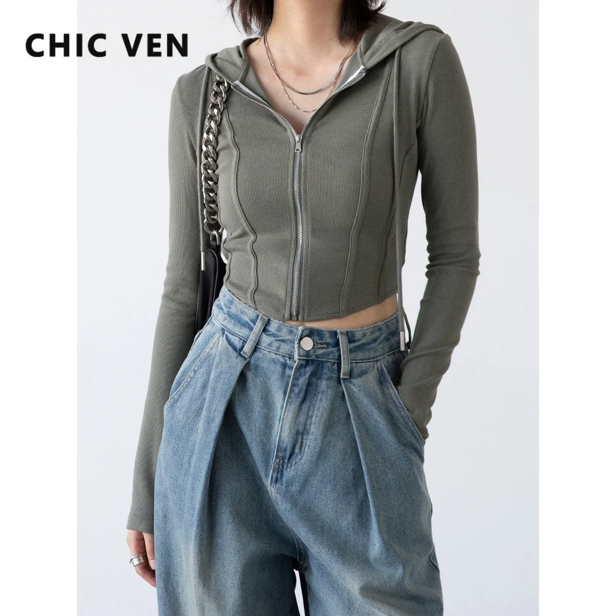 CHIC VEN Women\'s Sweatshirts Slim Long Sleeve Solid Hooded Casual Woman Jacket Short Female Outerwear Coats Spring Autumn 2022