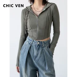 CHIC VEN Women's Sweatshirts Slim Long Sleeve Solid Hooded Casual Woman Jacket Short Female Outerwear Coats Spring Autumn 2022