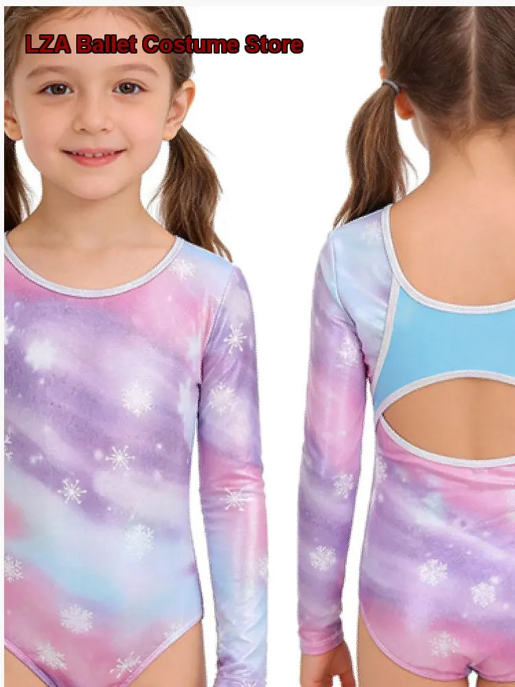 children's-gymnastics-long-and-short-sleeves-gold-printed-backless-training-outfit-for-kids-girls