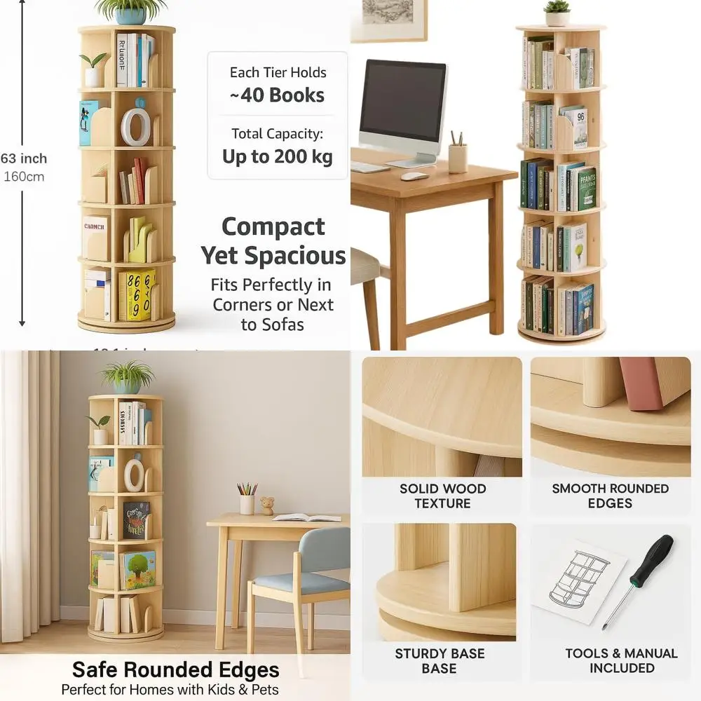 

5-ярусная 360 ° Вращающийся деревянный книжный шкаф, регулируемая многоярусная полка для дома, офиса и детских комнат