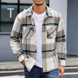 Fashion Woolen Shirt Cardigans Mens 2024 Autumn Casual Plaid Printed Long Sleeve Buttoned Shirts Men Jackets Streetwear Shirts