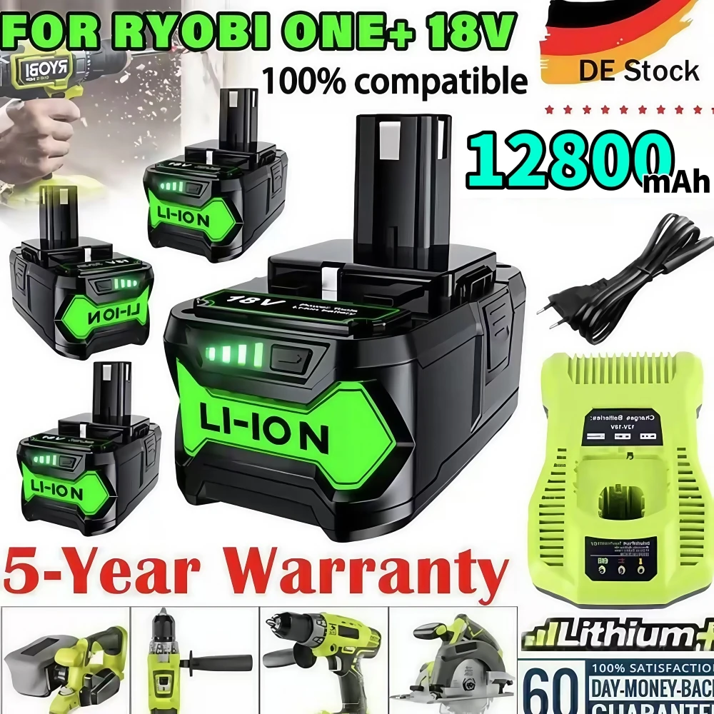 18V 6.0/12.8Ah RYOBI ONE+ high-performance lithium battery No memory effect, low self discharge, suitable for all ONE+tools