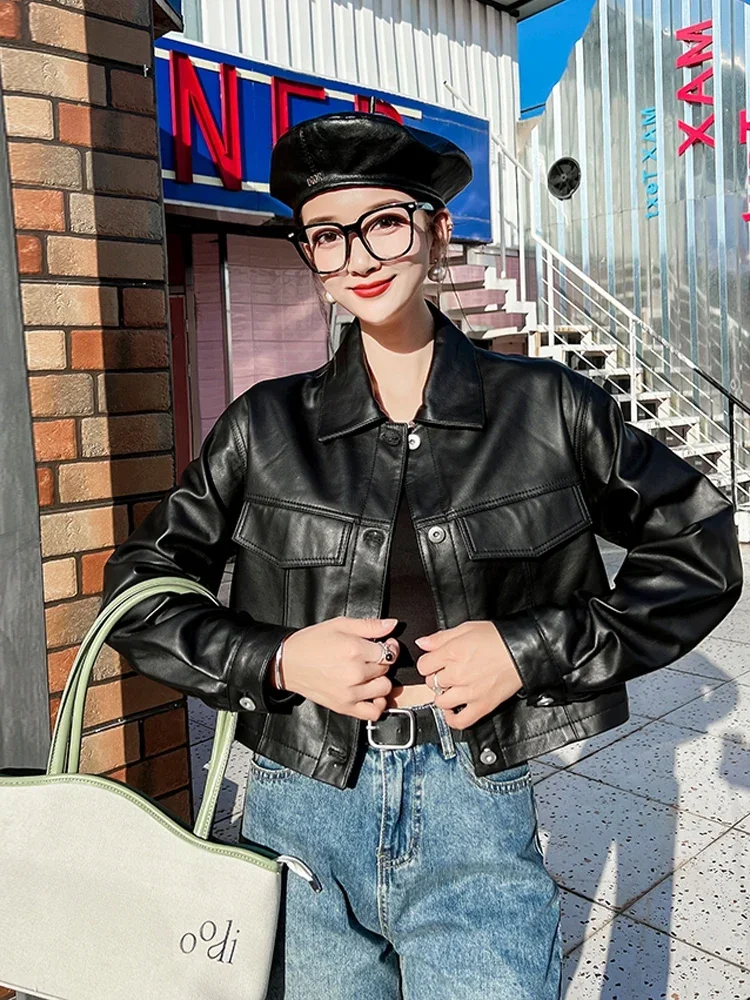 Genuine Leather Jacket Women 2024 Spring and Autumn Lapel Short Sheepskin Coat Black Leather Jackets Korean Fashion Streetwear