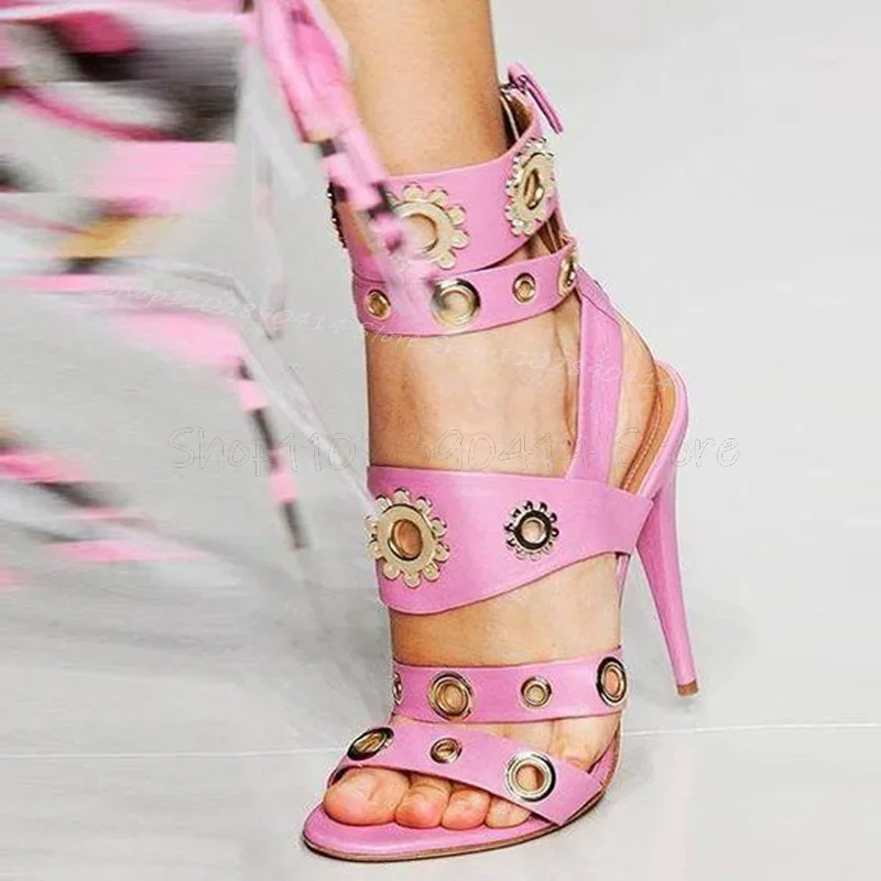 Metal Circle Purple Hollow Design Open Toe Sandals Buckle Strap Women Shoes Thin High Heels Party Feast 2026 Zapatos Para Mujere