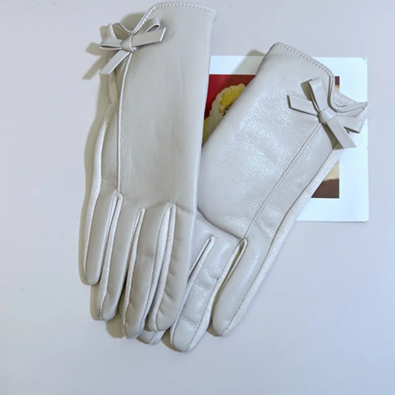 قفازات نسائية شتوية من جلد البولي يوريثان تعمل باللمس، قفازات جلدية دافئة للقيادة مع فيونكة للخارج #6