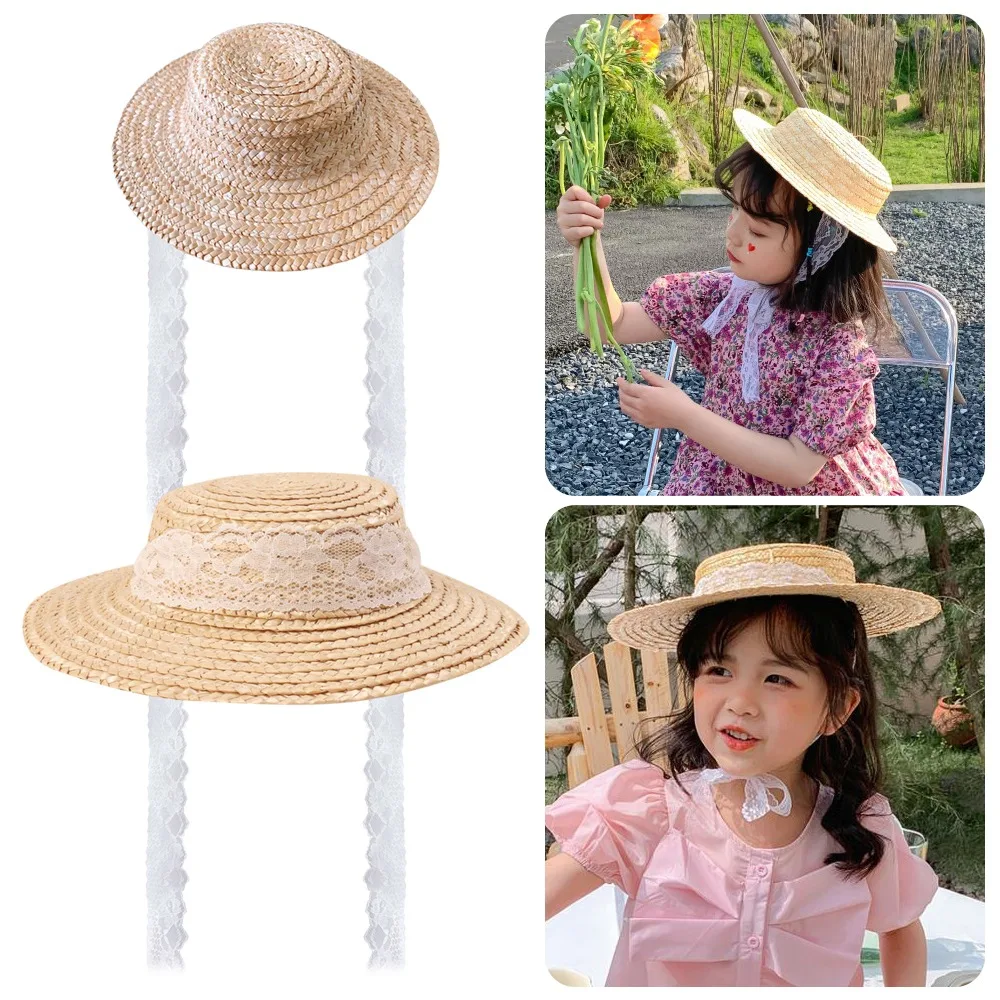 Fashion Handwoven Girl Sun hat Lace Up Flat Top Straw Hat Hepburn Wind Breathable Sunscreen Cap for Decorative Props