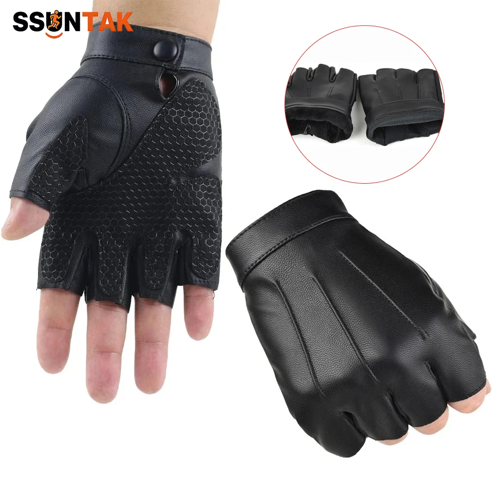 SSUNTAK Unisex Half Finger PU Leather Tactical Gloves Waterproof Anti-slip Fleece Lined Warm Gloves for Cycling Driving Workout