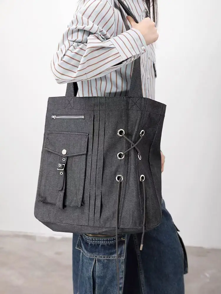 Korean Designer Pocket Ruched Denim Big Handbag Large Capacity Women Fashion Shoulder Bag Female Motor Street Style Tote Bags