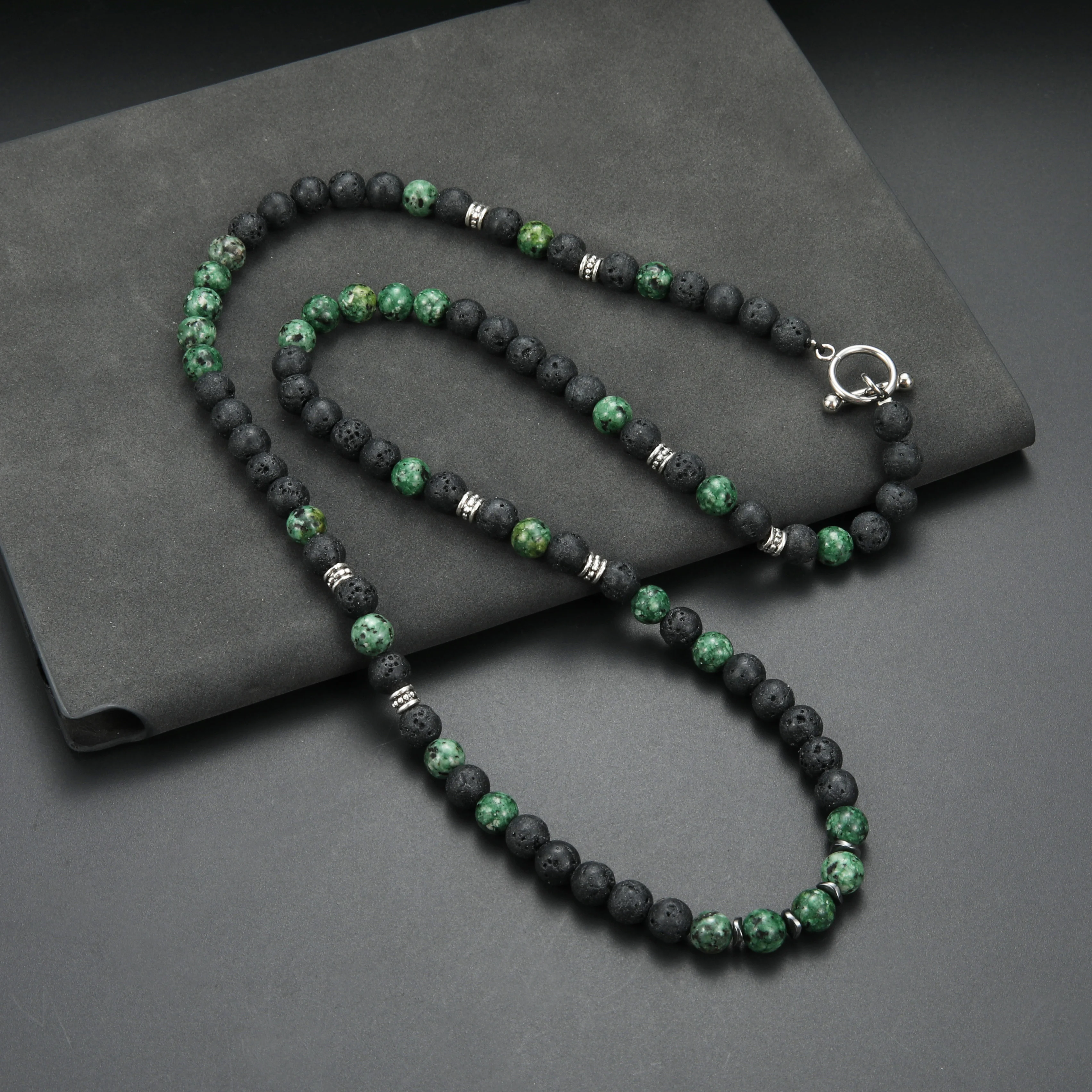 Fashion 8mm Natural Stone Green and Black Round Beads Long Necklace for Men and Women