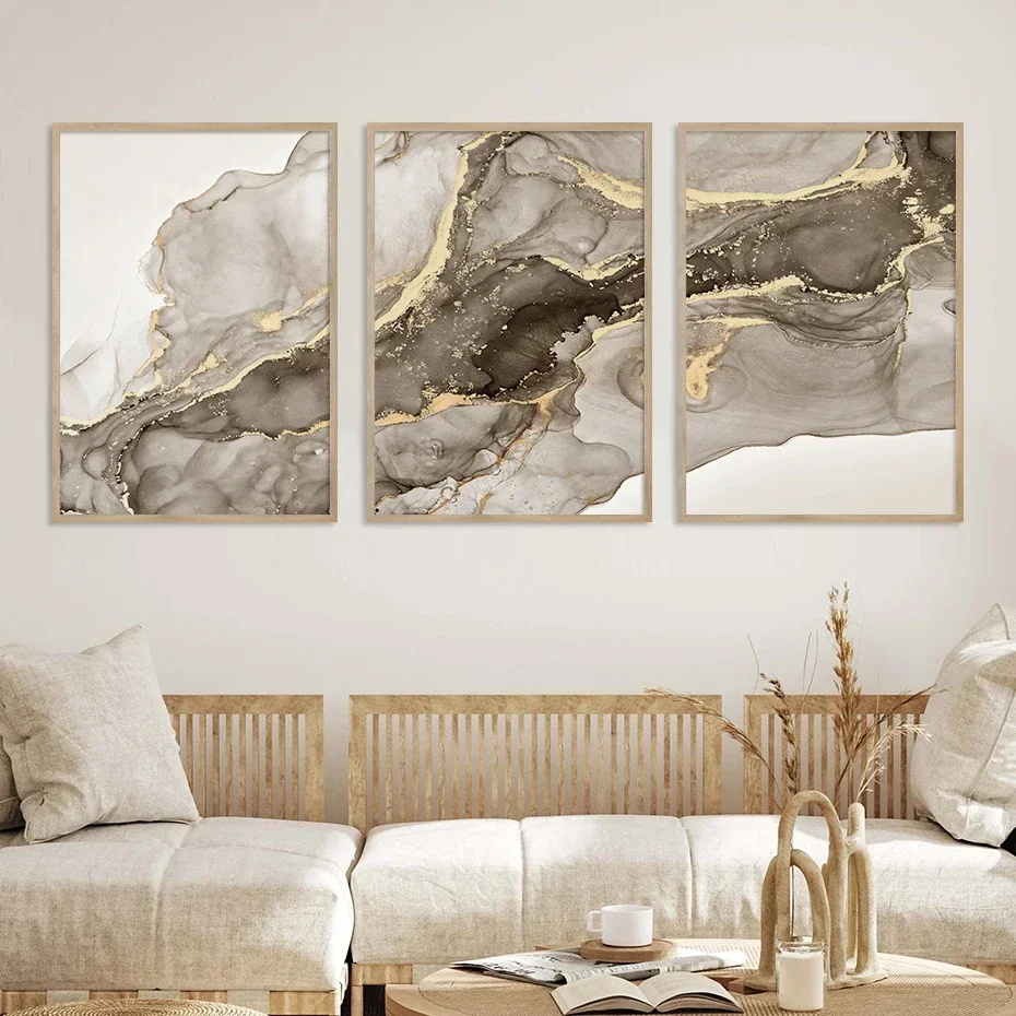 Arte Mural Moderno Minimalista Triad, Cuadros en Lienzo HD Abstractos en Beige Mármol, Pósters e Impresiones para Decoración del Hogar y Dormitorio