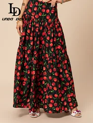 LD LINDA DELLA New Style Flower Color Real silk High Waist Casual Skirts Women's Cherry Print Splice Draped Skirt