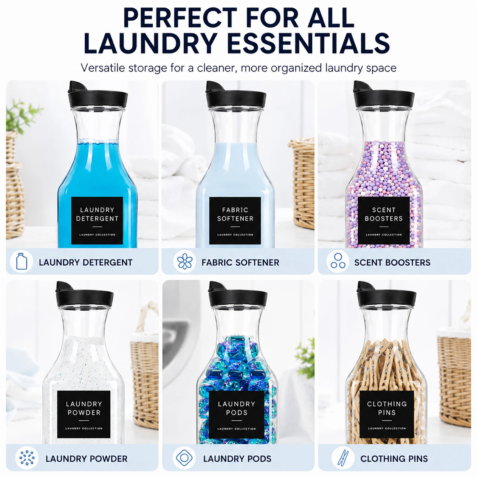 3Pack Clear Laundry Room Containers Laundry Soap Dispenser Bottle Set for Liquid Detergent Scent Boosters Softener view 4