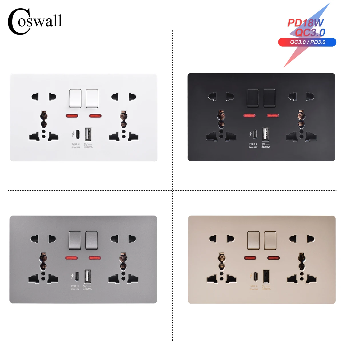 

Настенная розетка COSWALL 18 Вт Type-C, Умный интерфейс быстрой зарядки 4A, универсальная двойная розетка, отдельное управление переключателем, USB-порт 1A1C