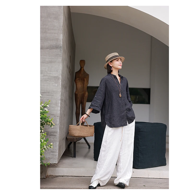Fengbaoyu Damenhemd aus 100 % Naturleinen – schlichter Stil, Dreiviertelärmel, lockeres Oberteil – Outdoor, lässig und modisch
