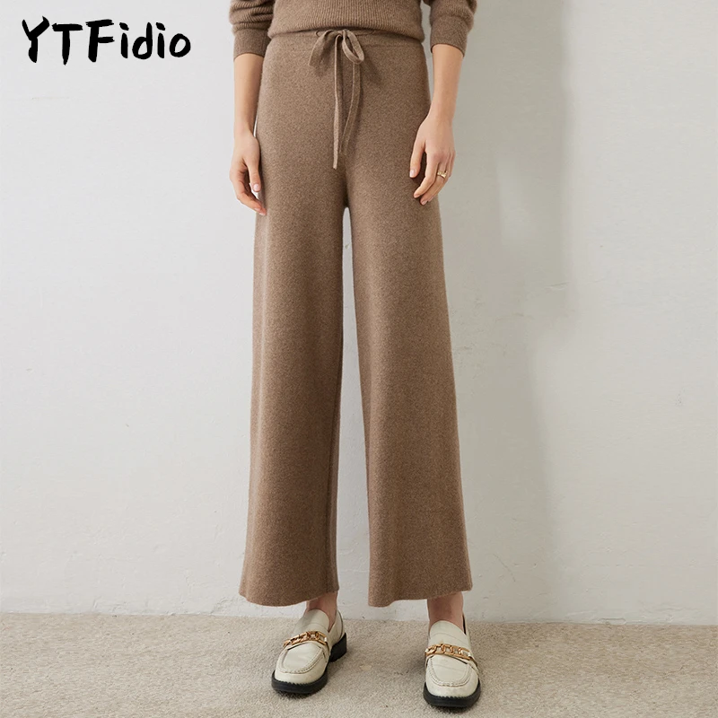 YTFidio 100% Cashmere Women Wide-Leg Pants Ladies New Pit Knitted Straight Pants Long Thick Casual Pants High Waist High-End 38