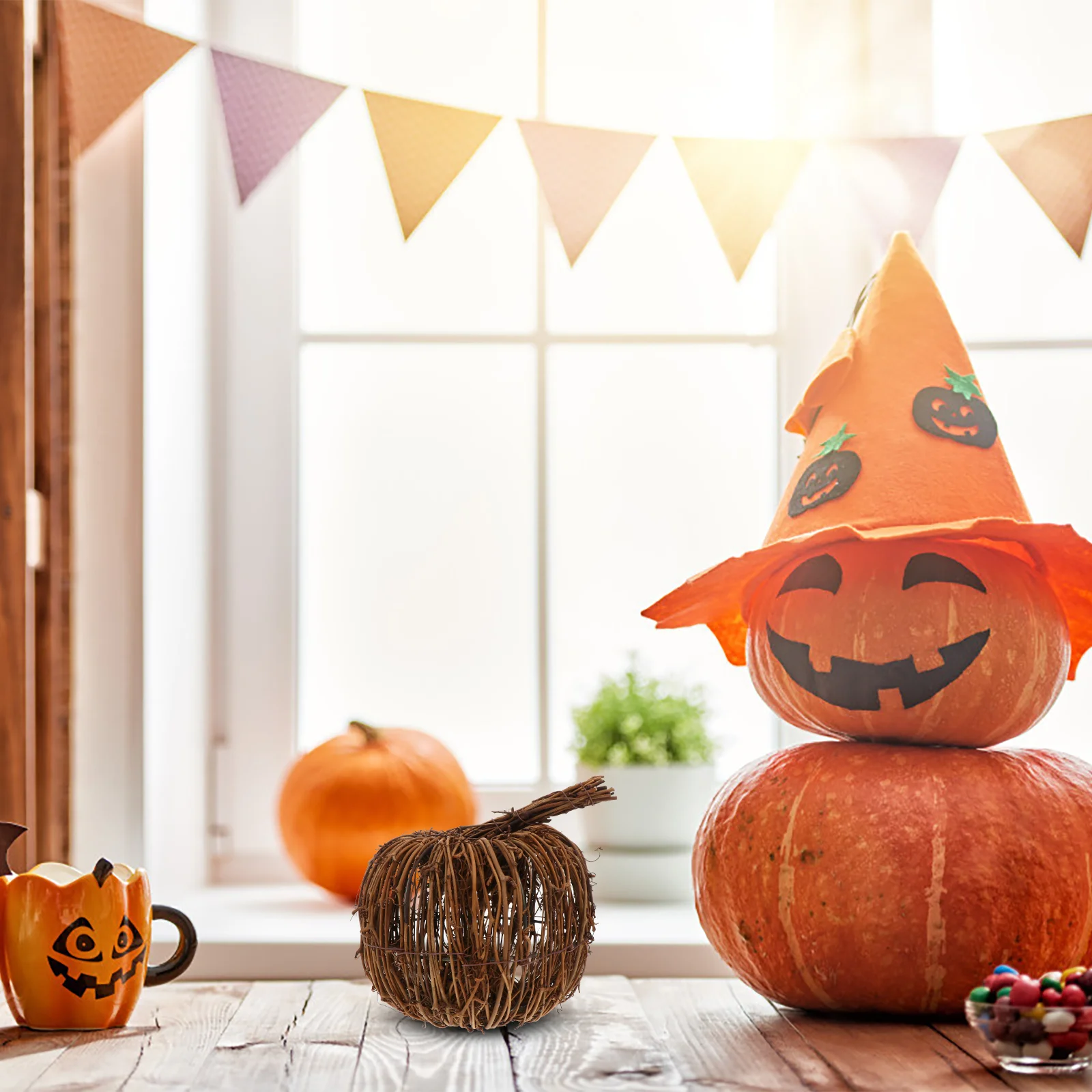 

1pc Rattan Pumpkin Miniature Halloween Artificial Pumpkin Ornament Halloween Party Decoration Thanksgiving Simulation Pumpkin