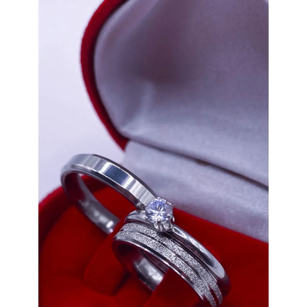 Couple of Valentine's Wedding Ring Shiny Silver Diamond and Ben + Thin Lonely Ring