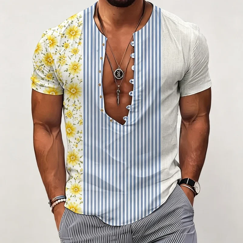 Men's summer new color blocked patchwork Henry collar short sleeved loose seaside vacation casual top comfortable fabric XS-6XL