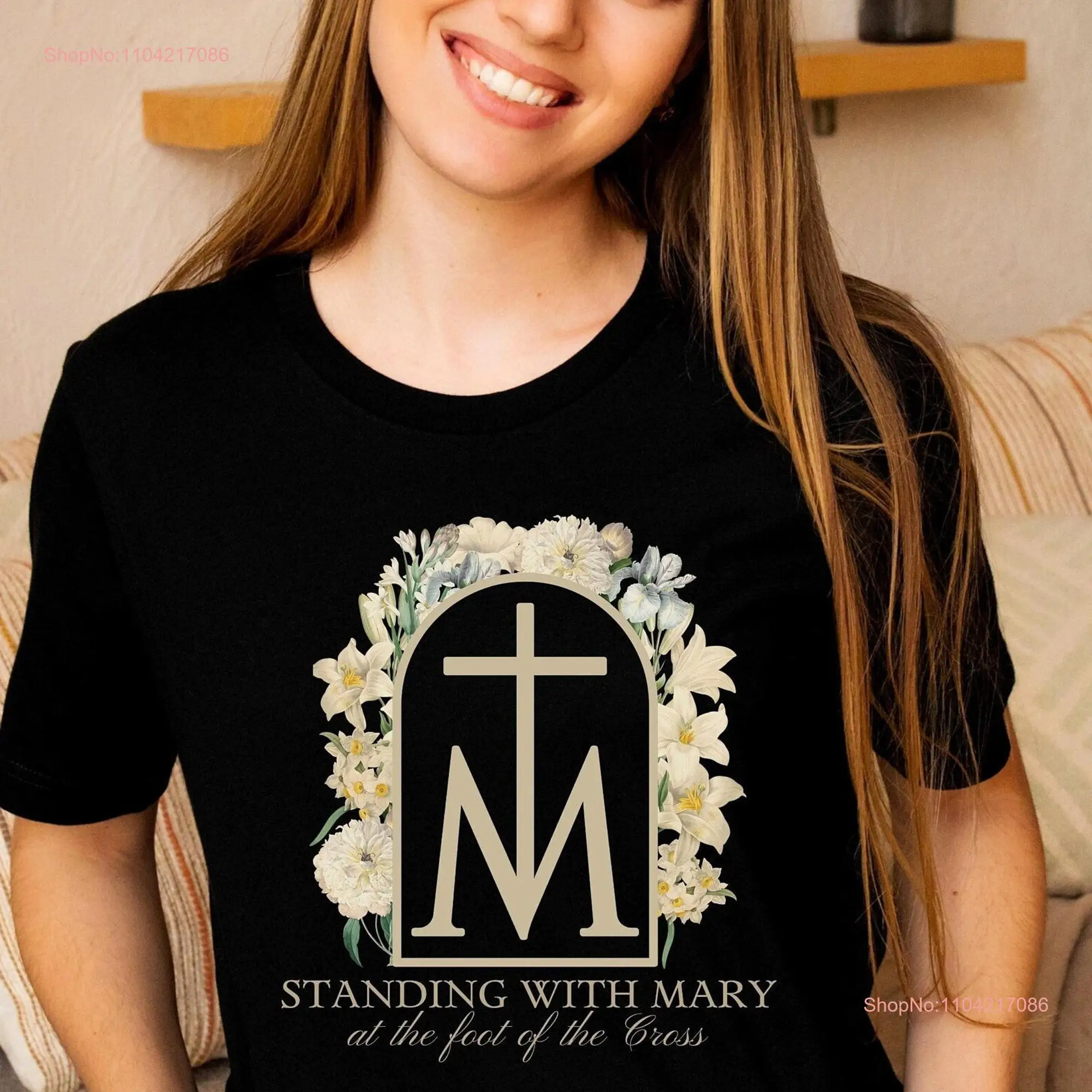 White Flowers Marian Cross Standing with Virgin Mary at the foot of Devotion Clothing Catholic T shirt