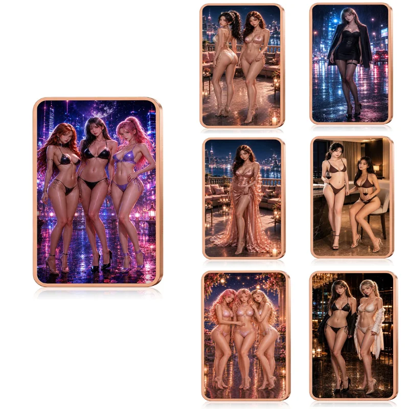 1oz .999 Fine Copper 7pcs Glamour Beauty Round City Night Swimsuit Evening Dress Colorized Art Collectible Copper Tone Gift