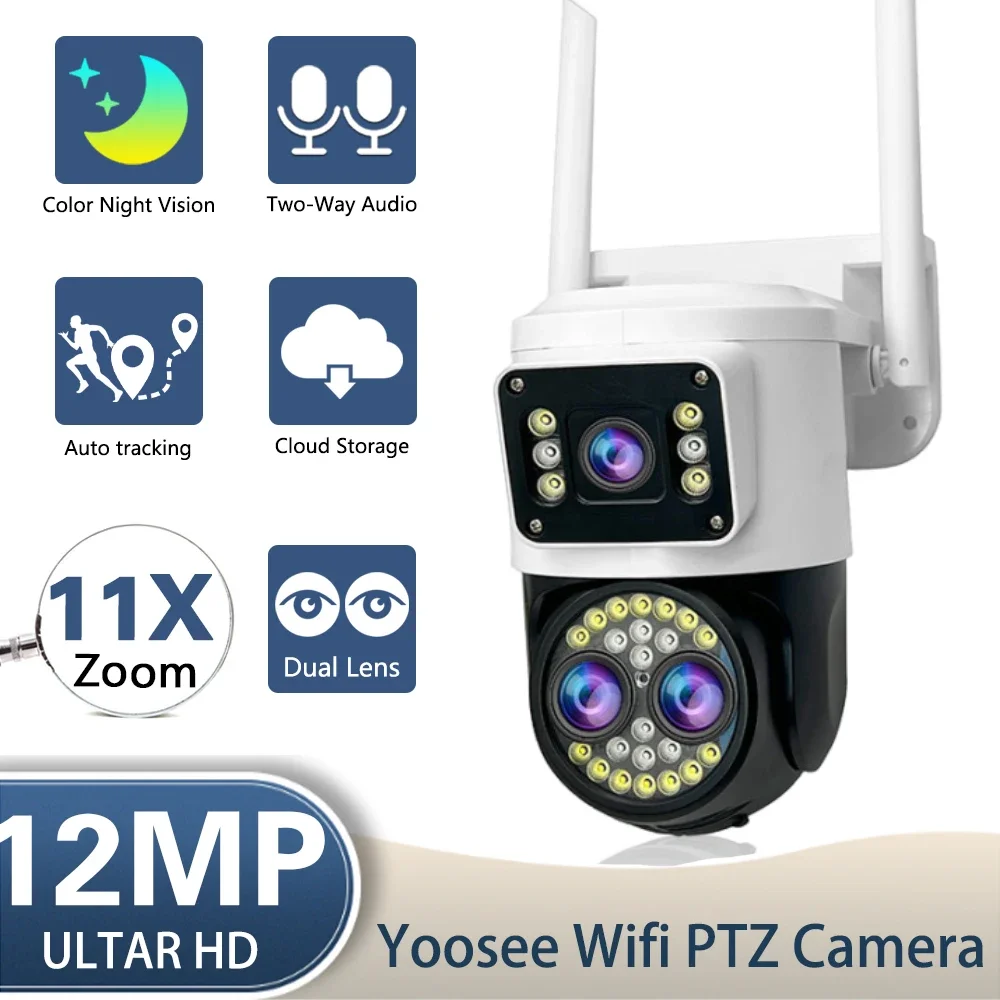 

12MP Wifi PTZ IP Camera Auto Tracking Outdoor 10X 11X Zoom Three Lens Wireless CCTV Security Surveillance Camera 2 Way Audio 4K