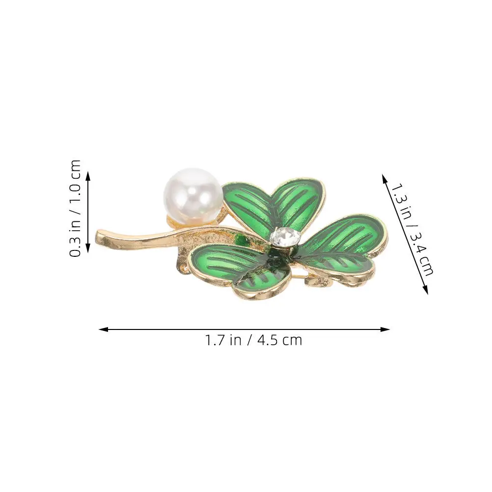 2Pcs Shamrock Brooch Pin Metal Clothes Label Rhinestone Fake Pearl Festival Brooch Day Clover Decoration