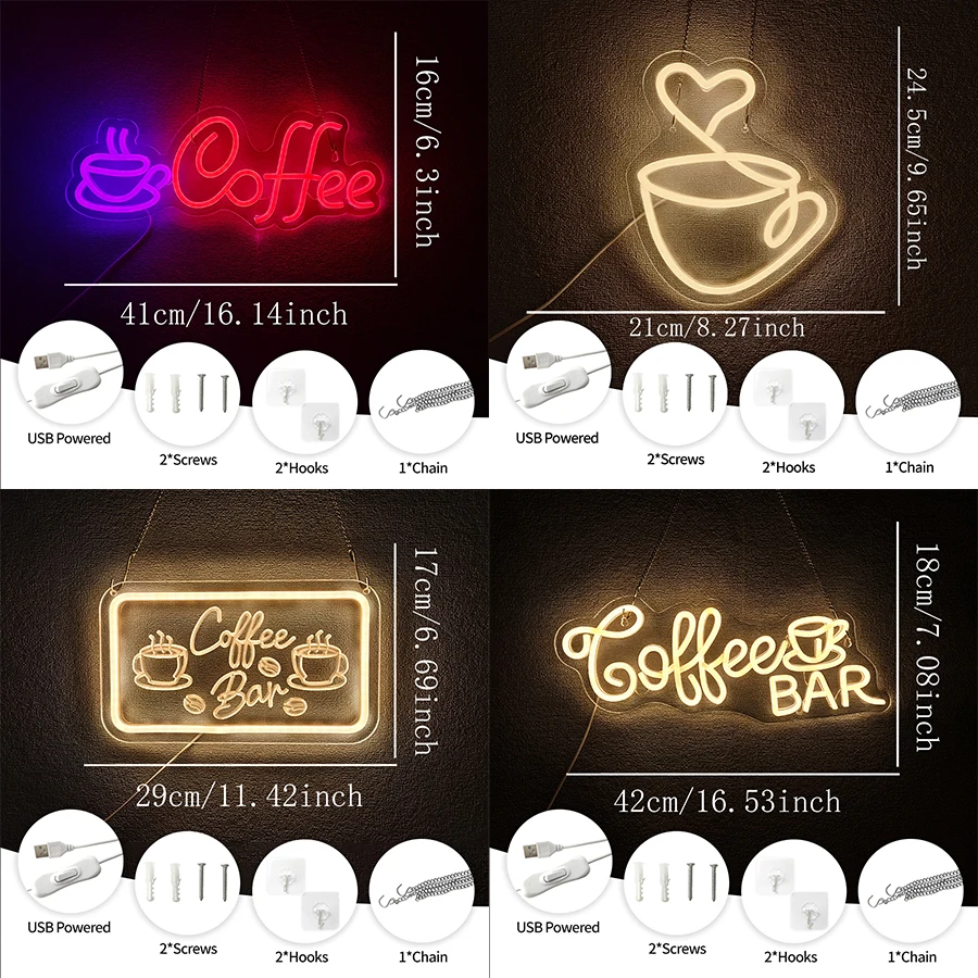 علامات النيون من سلسلة القهوة، تستخدم لديكور إضاءة الحائط، تعمل بمنفذ USB، والمقهى، ومصابيح حائط للأعمال في المطاعم، وسهلة التعليق.