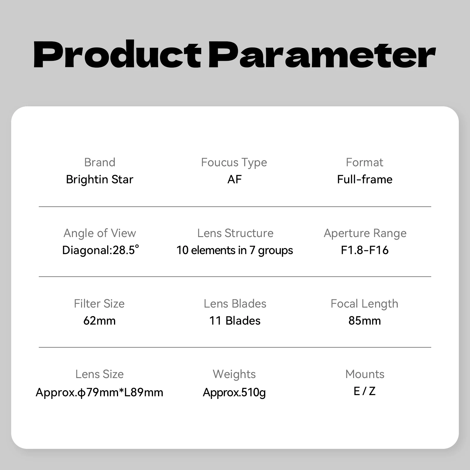 BRIGHTIN STAR AF 85mmF1.8 Full-frame Auto focus Large-aperture Micro Single Lens for SONY ZVE1 A7C Nikon Z5 Z8 Mount