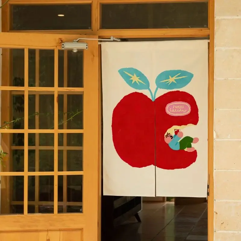 VIKAMA Cute Cartoon Apple Half-Door Curtain, Kitchen Dust-Proof Privacy Sliding Partition Curtain, Home Decoration