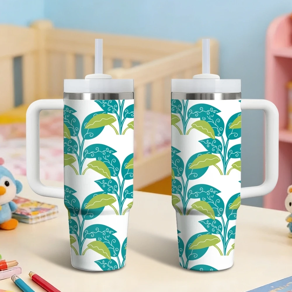 Blue Green Block Print Vacuum Flasks 40oz Stainless Steel Vacuum Insulated Tumbler with Straw Leak Resistant Travel Mug