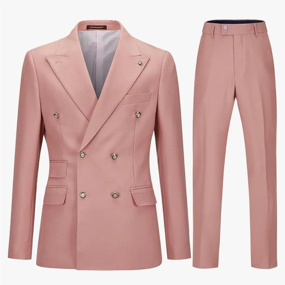 

Pink Elegant Men's Suits 2 Piecs Blazer Pants Double Breasted Peak Lapel For Wedding Party Banquet Coustome