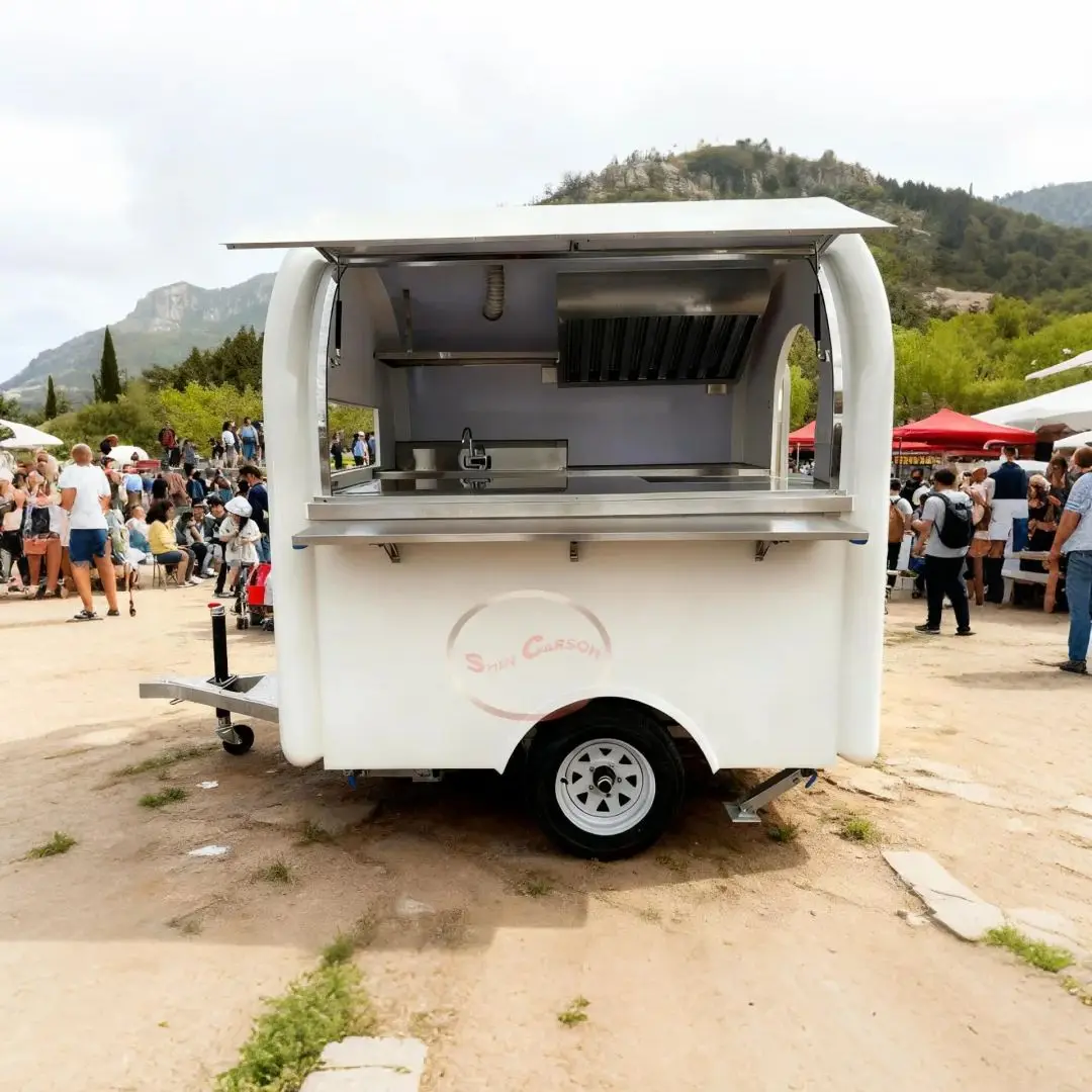 

Modern White Outdoor Food Trailer with Openable Sales Window And Side Door for Business Operations And Personnel Access