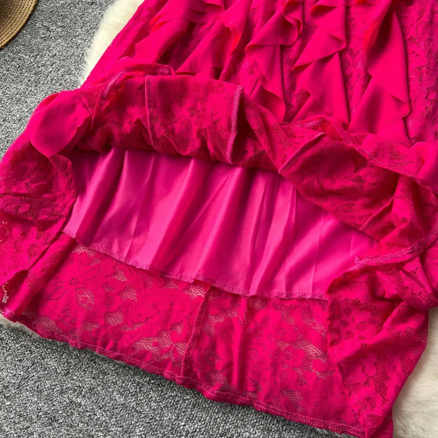 ヴィンテージエレガントなoネックパッチワークレースフリルフレアスリーブ甘いドレス女性の基本ファッション夏春ドレス