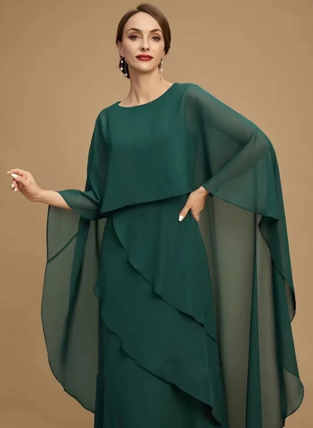 Elegant Muslim Long Robe O Neck Floor Length Mother Of The Bride Dress Green Chiffon Wedding Guest Party Gown Vestidos Madrina