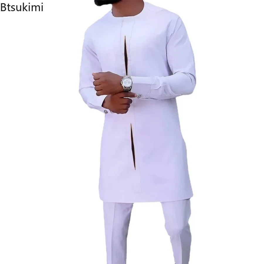 New 2025 Ethnic Style Men's Sets Long Sleeve Shirt Pants Fashion Muslim Sets Casual Social African Traditional Men Clothing Suit