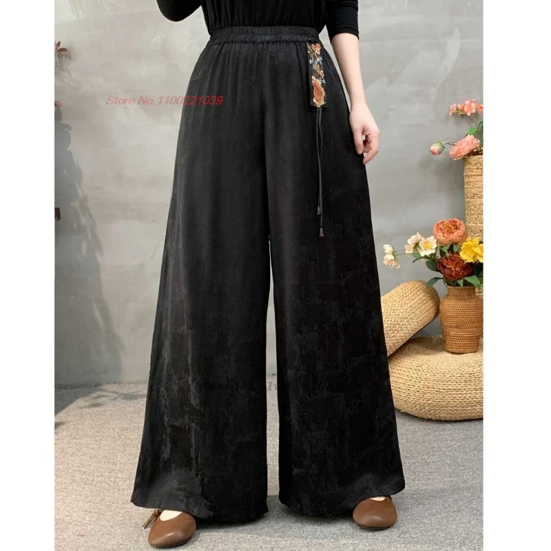

2026 chinese vintage pants national flower embroidery ethnic satin jacquard trousers oriental elastic waist wide leg pantalones