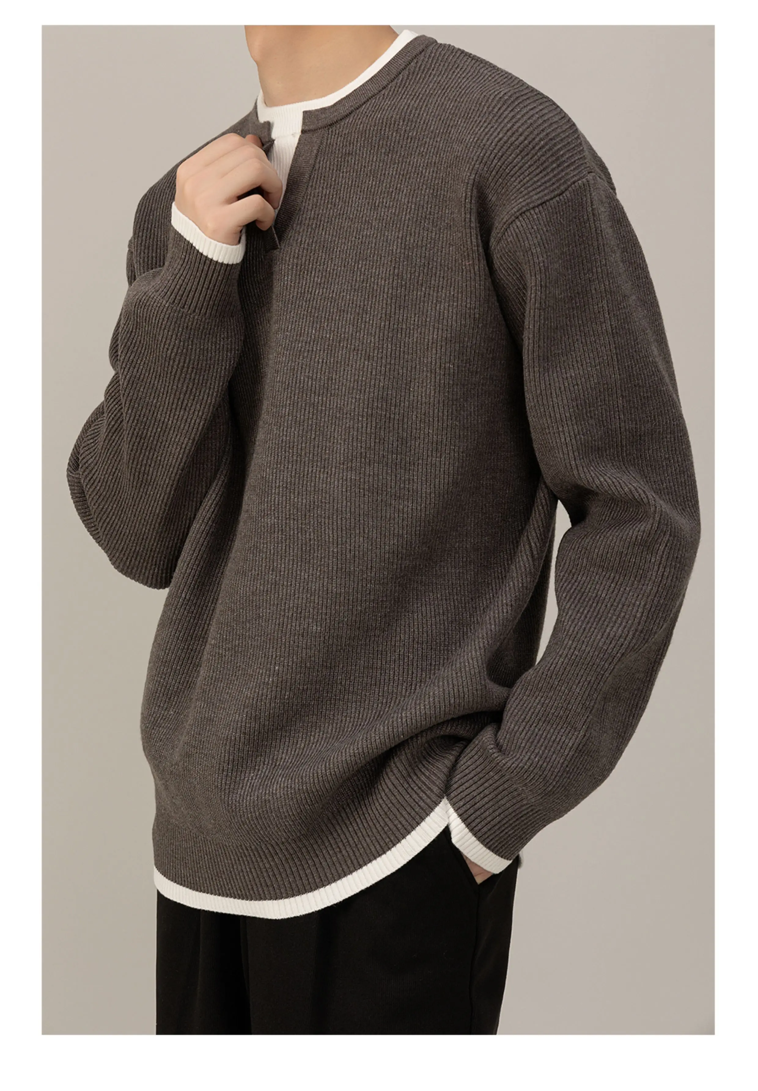 Autumn Winter Commuting Style Men's Casual Versatile Black White Knitwear High-end Warm V-neck Gray Red Fake Two-piece Sweater