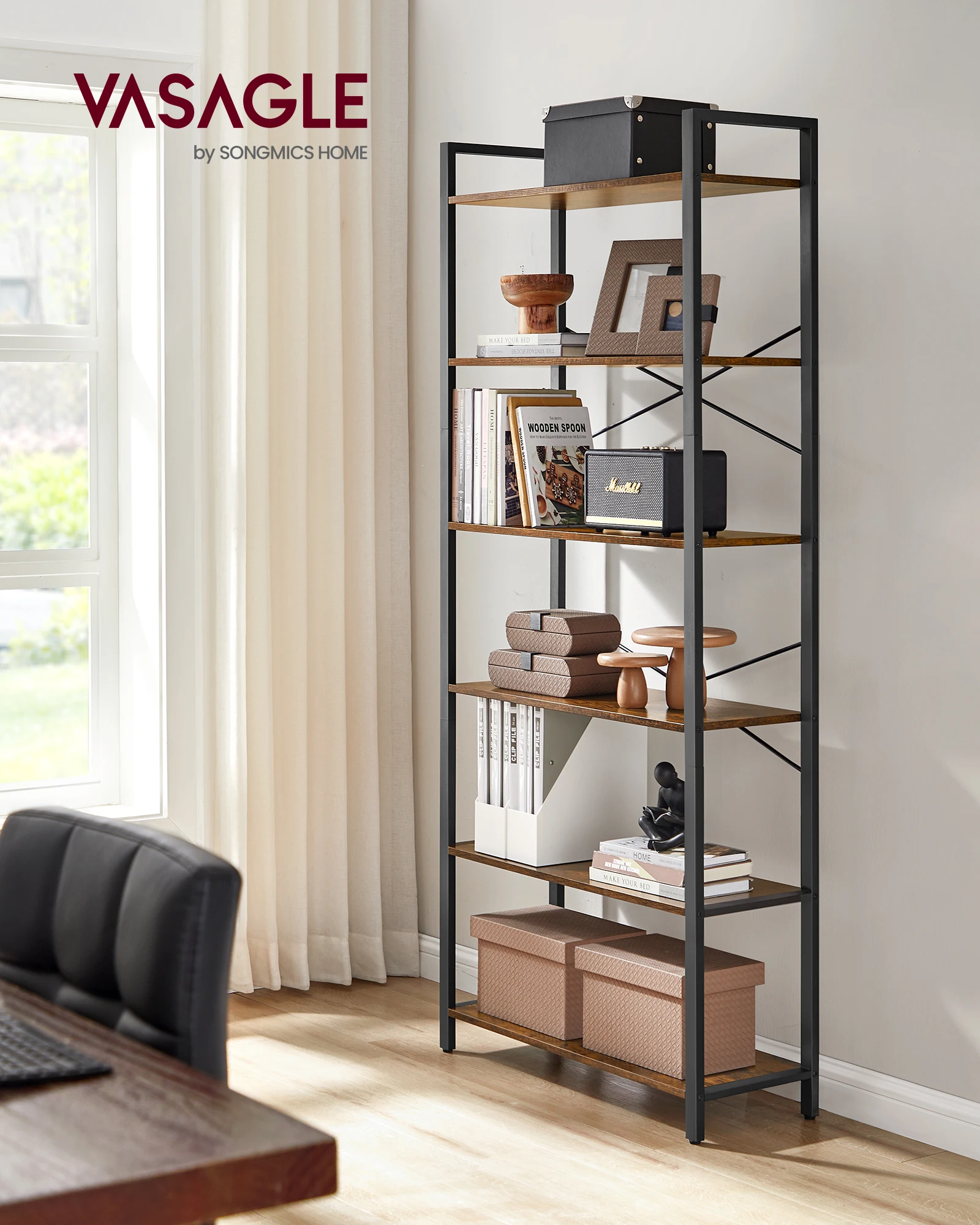 VASAGLE 6-Tier Tall Bookshelf, Large Bookcase with Steel Frame, Deep Book Shelf for Living Room, Home Office, Study