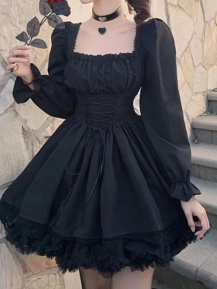 

Gothic Dress Women Black Long Sleeves Mini Dress Laidies Lolita Short Dress High Waist Vintage Bandage A-line Dress Streetwear