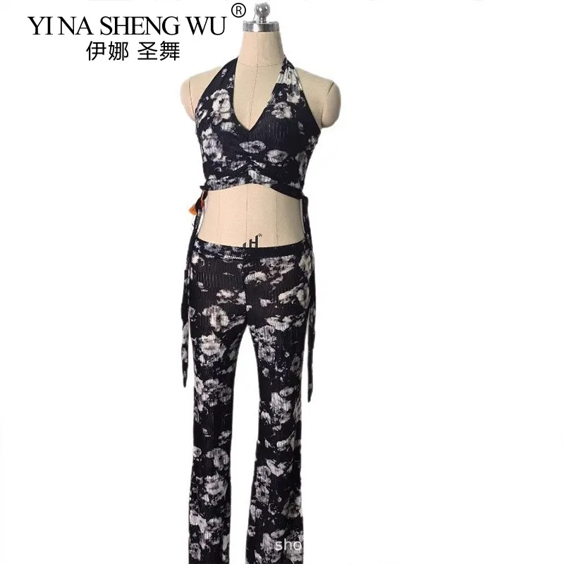 Buikdansoefenoutfit voor dames Zwart Wit Crop Top met bloemen en lange broek Oosterse dans Podiumtraining Prestatiekleding