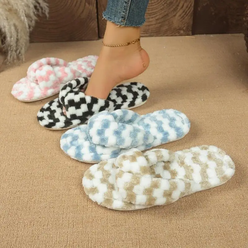 

Autumn New Arrival Women's Fuzzy Cross Slippers Soft Sole Anti-Slip Warm Indoor-Outdoor Wearable Cozy Insulated Fluffy Shoes