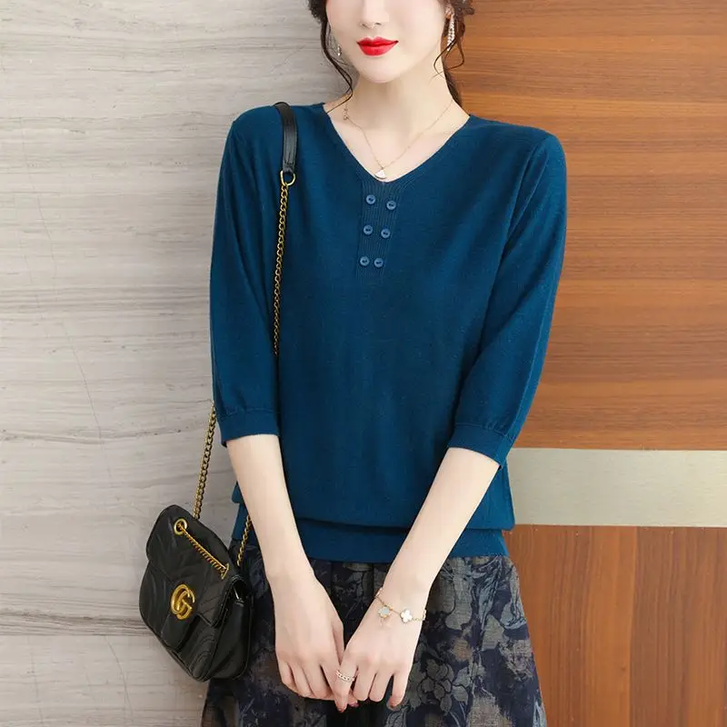 Big Size Women All-match Knitted T-shirt Korean Fashion Summer New Female Clothing Half Sleeve V-Neck Solid Vintage Pullover Top