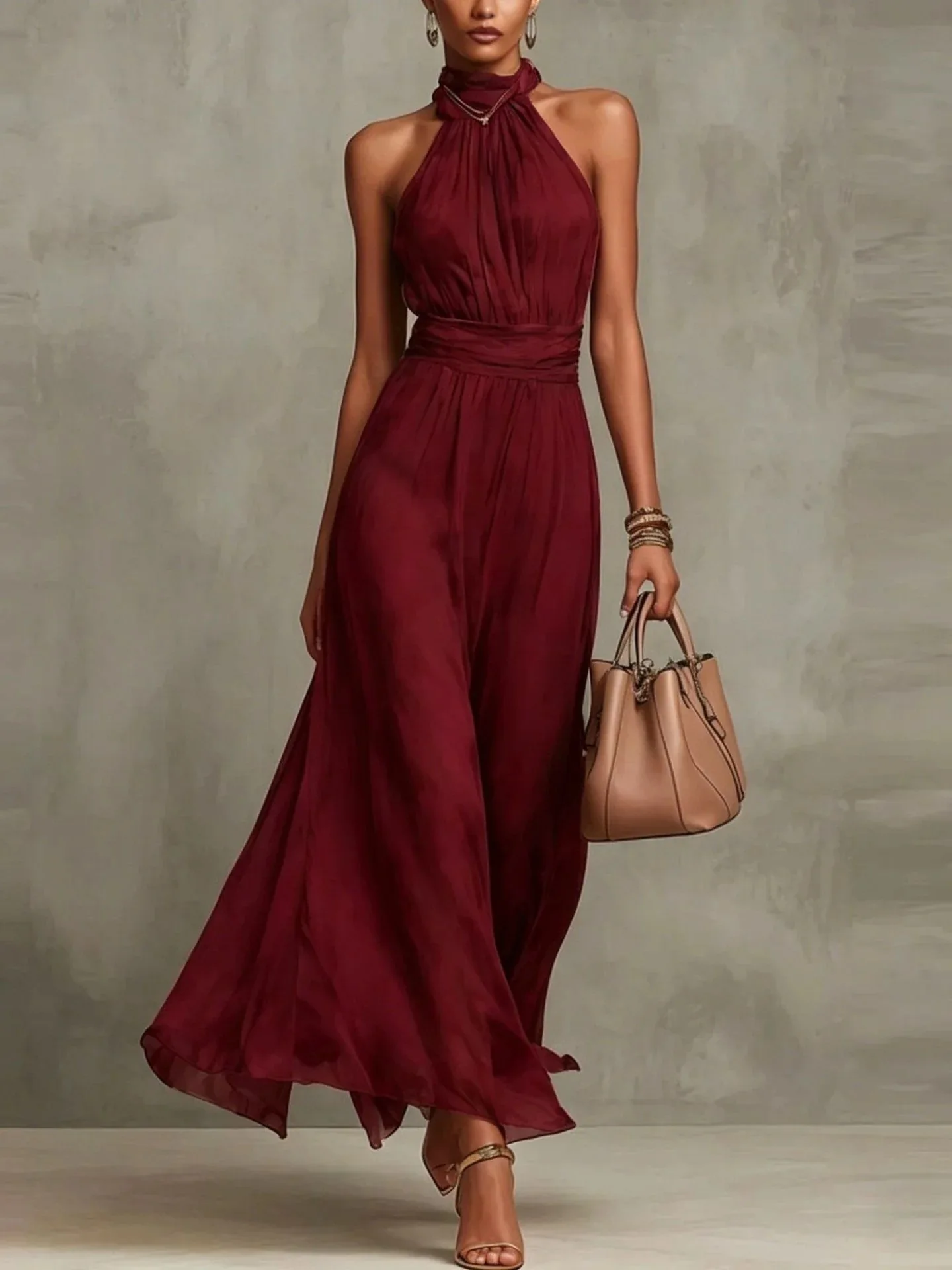 Vintage Maxikleid aus Chiffon mit Neckholder, ärmellos, rückenfrei, hoher Taille, Schlitz, fließend, mit floralem Aquarellmuster für Abend und Hochzeit – Detail 18