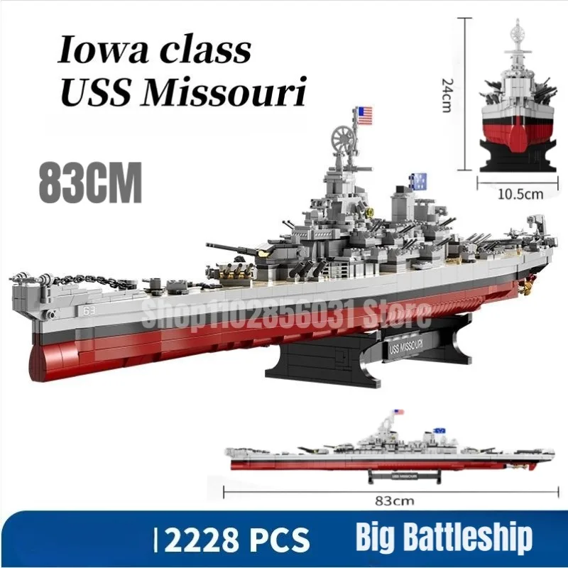 2228pcs WW2 Military 83cm Big Warships lowa class USS Missouri Battleship Building Blocks Classic Model Toy for Kids Boy Gift