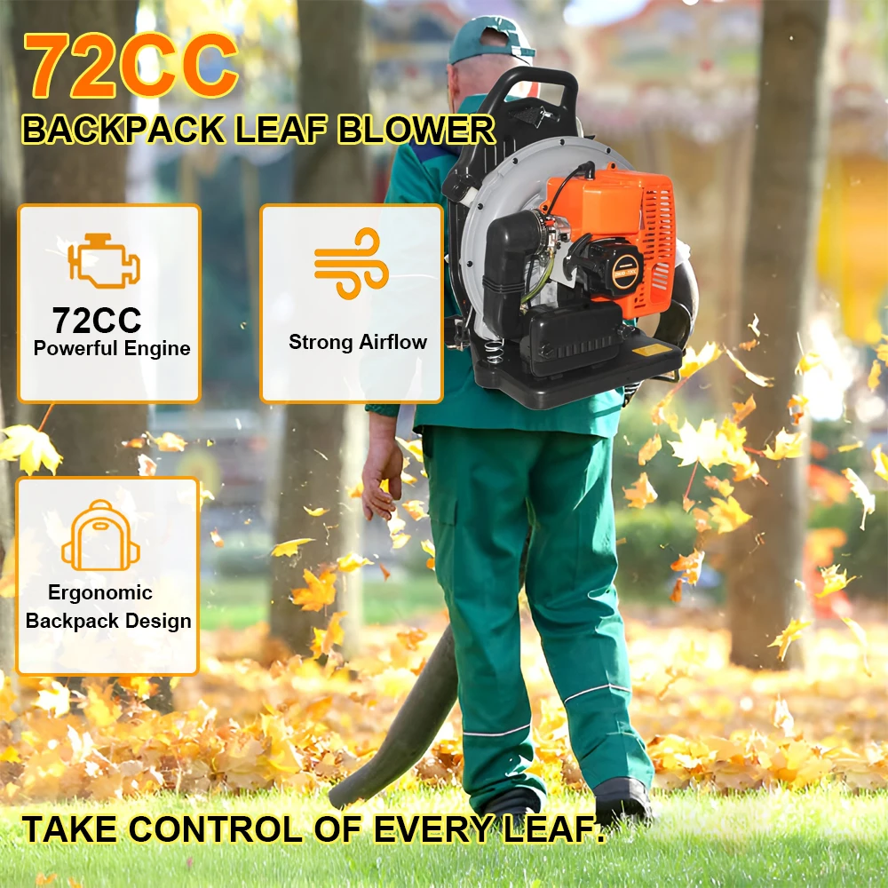72CC Gas Backpack Leaf Blower 2-Stroke High Power with Adjustable Harness Lightweight Design for Yard Lawn Garden Debris Snow Cleanup